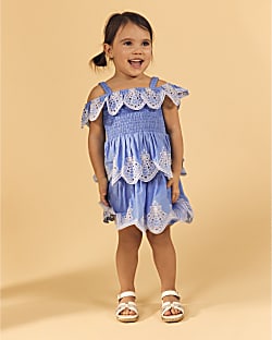 Mini Girls Blue Tiered Broderie Dress