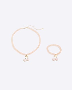 Girls Pink Cherry Bracelet And Necklace Set