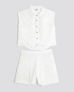 Girls White Palm Tree Cutwork Shirt Set