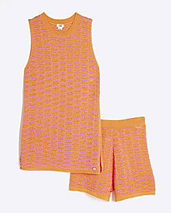Girls Orange Tunic Textured Stripe Top Set