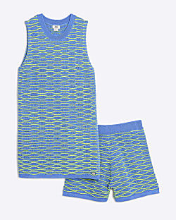 Girls Blue Tunic Textured Stripe Top Set