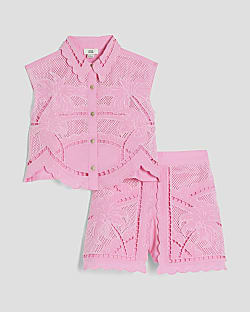 Mini Girls Pink Palm Cutwork Shirt Set