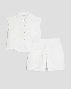 Mini Girls White Palm Cutwork Shirt Set