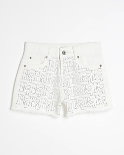 Girls White Diamante Monogram Mom Shorts
