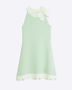 Girls Green Bow Detail Scallop Hem Dress