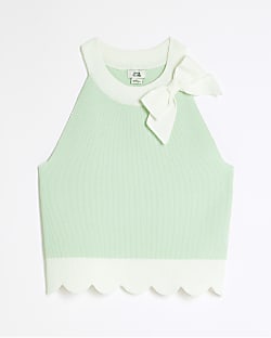 Girls Green Bow Detail Scallop Hem Top