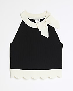 Girls Black Bow Detail Scallop Hem Top