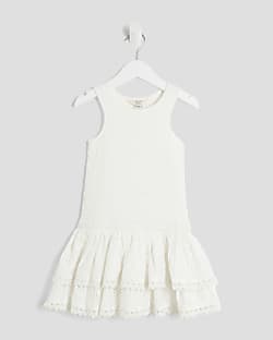 Mini Girls White Shirred Broderie Rara Dress