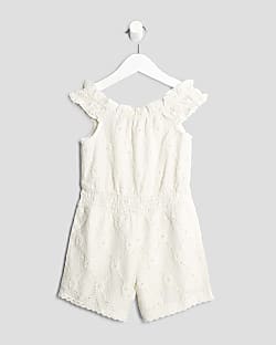 Mini Girls Cream Shirred Textured Playsuit