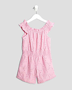 Mini Girls Pink Shirred Textured Playsuit