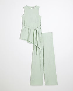 Girls Green Textured Tunic Top Set