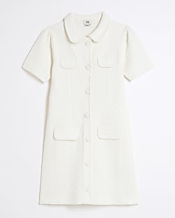 Girls Cream Short Sleeve Jacquard Daisy Dress