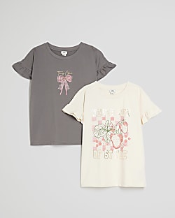 Girls Pack of 2 Beige Pink Frill T-Shirts