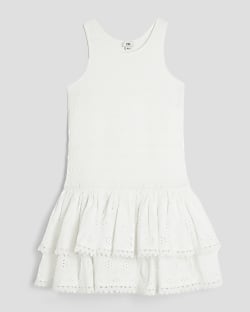 Girls White Shirred Broderie Rara Dress