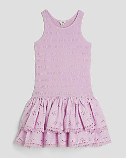 Girls Purple Shirred Broderie Rara Dress