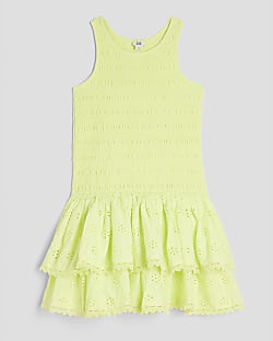 Girls Green Shirred Broderie Rara Dress