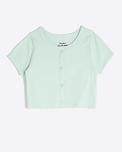 Girls Green Button Front Ribbed Scoop Top