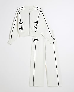 Girls Cream Bow Trim Bomber Set