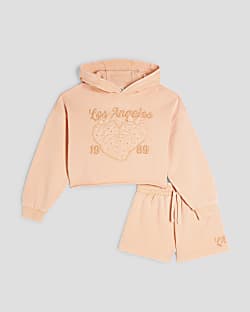 Girls Coral Washed Short Sweat Set