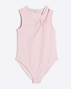 Girls Pink Ribbed Knot Bodysuit