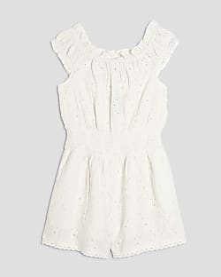 Girls Cream Shirred Texture Playsuit