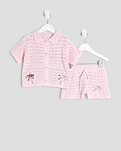 Mini Girls Pink Crochet Palm Tree Shirt Set