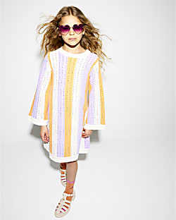 Girls Orange Embellished Crochet Stripe Dress