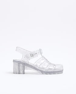 Girls Silver Glitter Jelly Heeled Shoes