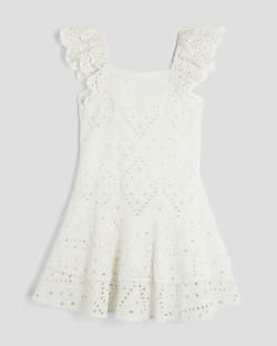 Girls White Broderie Beaded Skater Dress