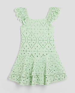 Girls Green Broderie Beaded Skater Dress