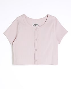 Girls Pink Ribbed Scoop Crop Top