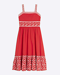Girls Red Embroidered Floral Maxi Dress