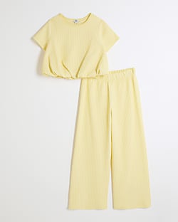 Girls Yellow Bubble Hem Crop Top Set