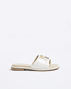 Cream Girls Heart Trim Flat Sandals