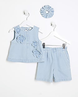 Mini Girls Blue Denim Outfit & Scrunchie Set