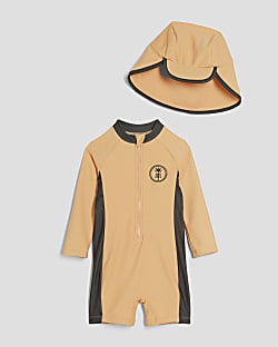 Mini Boys Orange Palm Swim Rashsuit & Hat Set