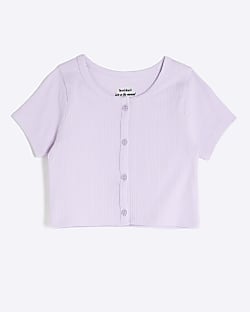 Girls Purple Button Front Ribbed Scoop Top