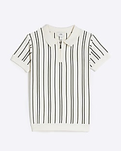 Boys Cream Vertical Stripe Polo Knitted Shirt
