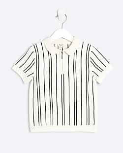 Mini Boys Cream Stripe Knitted Polo Shirt