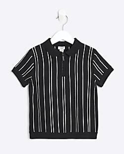 Mini Boys Black Stripe Polo Knitted Shirt