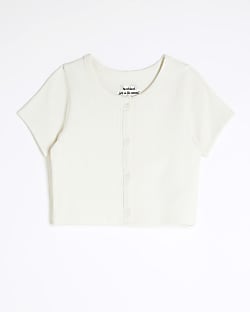 Girls Cream Ribbed Scoop Crop Top