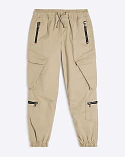Boys Beige Zip Front Pocket Cargo Joggers