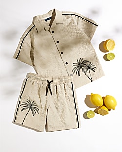 Boys Beige Palm Embroidered Swim Shorts Set