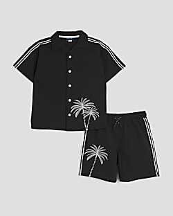 Boys Black Palm Embroidered Swim Shorts Set