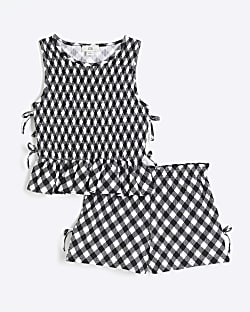 Girls Black Gingham Shirred Bow Tank Top Set