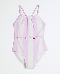 Girls Pink Stripe Charm Belt Swimsuit