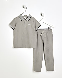 Mini Boys Grey Ribbed Polo Shirt Set River Island