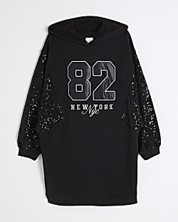 Girls Black Sequin Hooded Sweat Dress