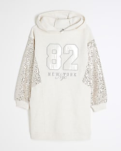 Girls Cream Sequin Hooded Sweat Dress