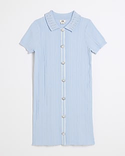 Girls Blue Diamante Collar Polo Dress